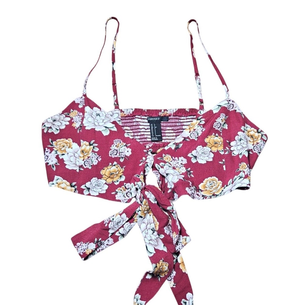 Forever 21 Burgundy Floral Tie Front Crop Top Small Smocked Back Boho‎ Summer